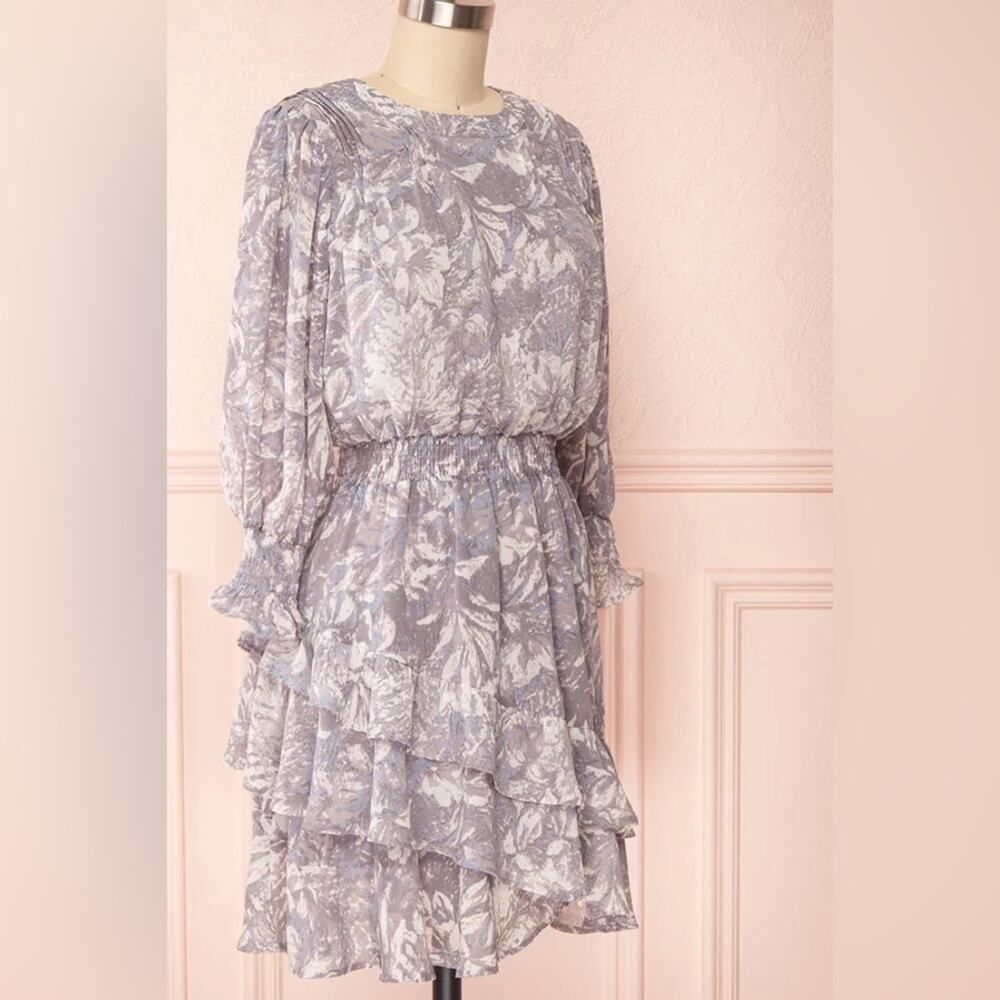 Storia Gray Ruffle Tiered Floral Long Sleeve Dress Mini Dress Small